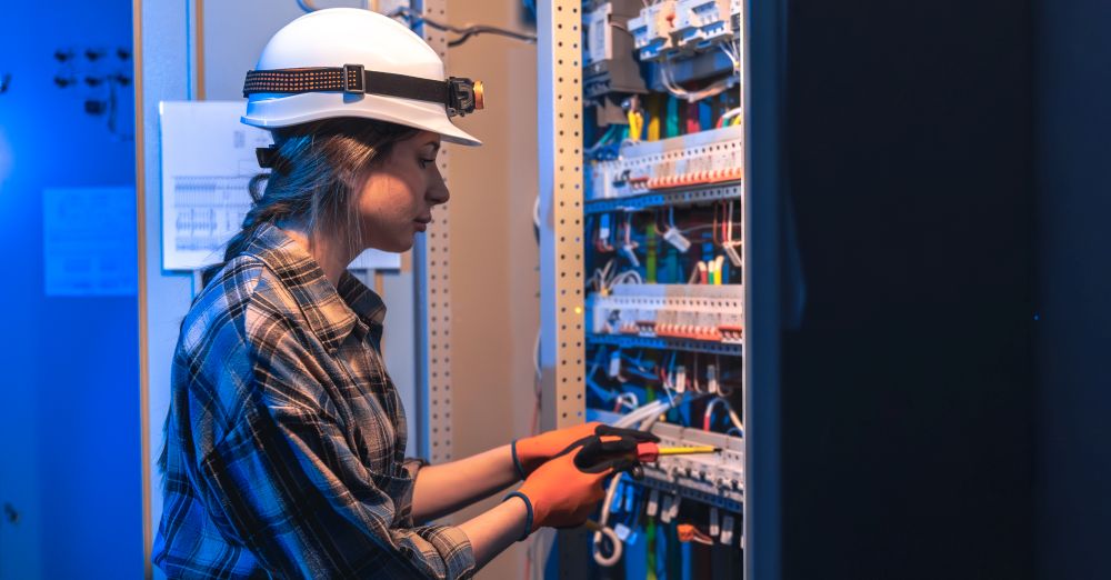 A person wearing a hard hat and plaid shirt, resembling a network cabling contractor, uses tools to work on electrical wiring inside a control panel.