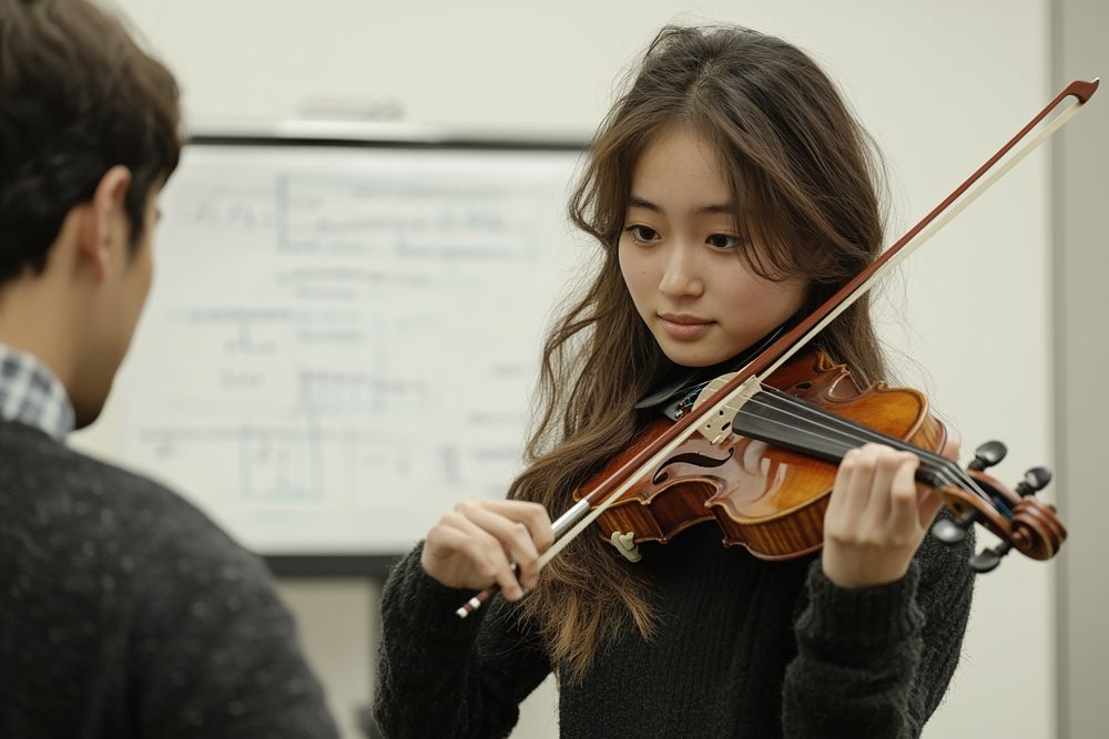 A young woman plays the violin while looking at a person in front of her; a whiteboard with diagrams is visible in the background, suggesting an engaging session of violin lessons Singapore.